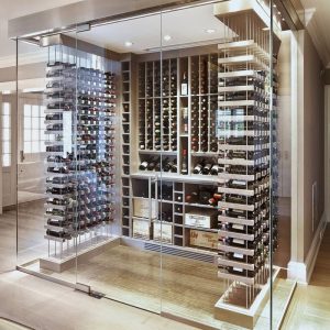 Wall in modern glass wine cellar 01