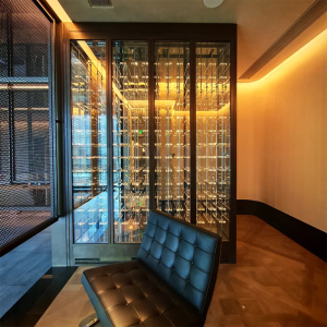 Elegant Custom Refrigerated Wine Cabinet with Acrylic Shelves and Glass Display 01